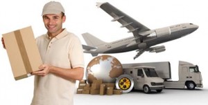 Messenger with a background composed of  a world map, packages, a chronometer vans, trucks, and an airplane